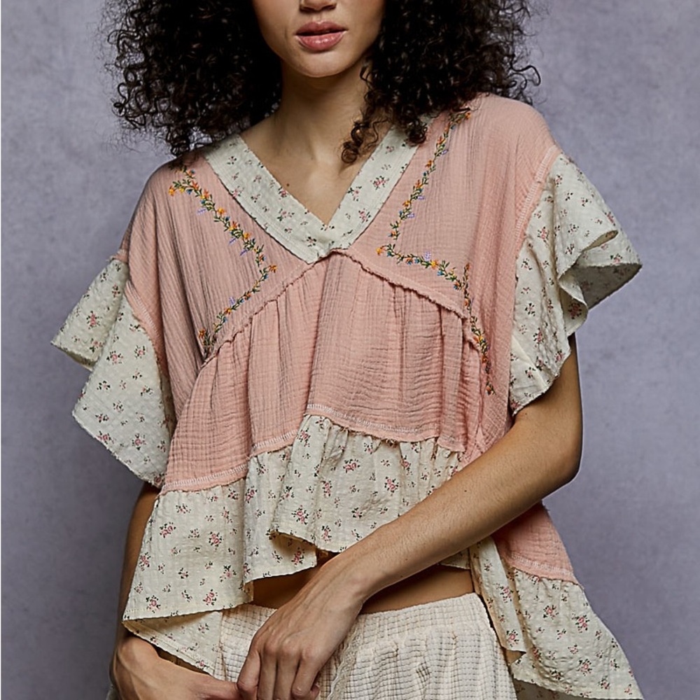 POL Floral Embroidered Pink and Cream Women's Top